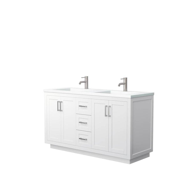Wyndham Collection - Miranda 60 Inch Double Bathroom Vanity in White, 1.25 Inch Thick Matte White Solid Surface Countertop, Integrated Sinks, Brushed Nickel Trim