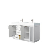 Miranda 60 Inch Double Bathroom Vanity in White, 4 Inch Thick Matte White Solid Surface Countertop, Integrated Sinks, Brushed Nickel Trim