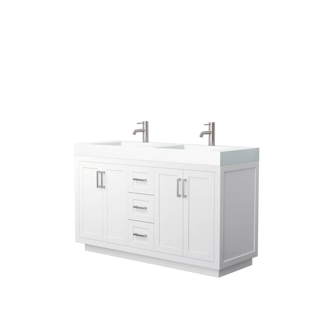 Wyndham Collection - Miranda 60 Inch Double Bathroom Vanity in White, 4 Inch Thick Matte White Solid Surface Countertop, Integrated Sinks, Brushed Nickel Trim