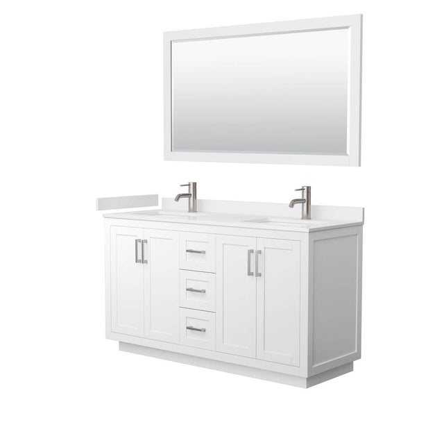 Wyndham Collection - Miranda 60 Inch Double Bathroom Vanity in White, White Cultured Marble Countertop, Undermount Square Sinks, Brushed Nickel Trim, 58 Inch Mirror