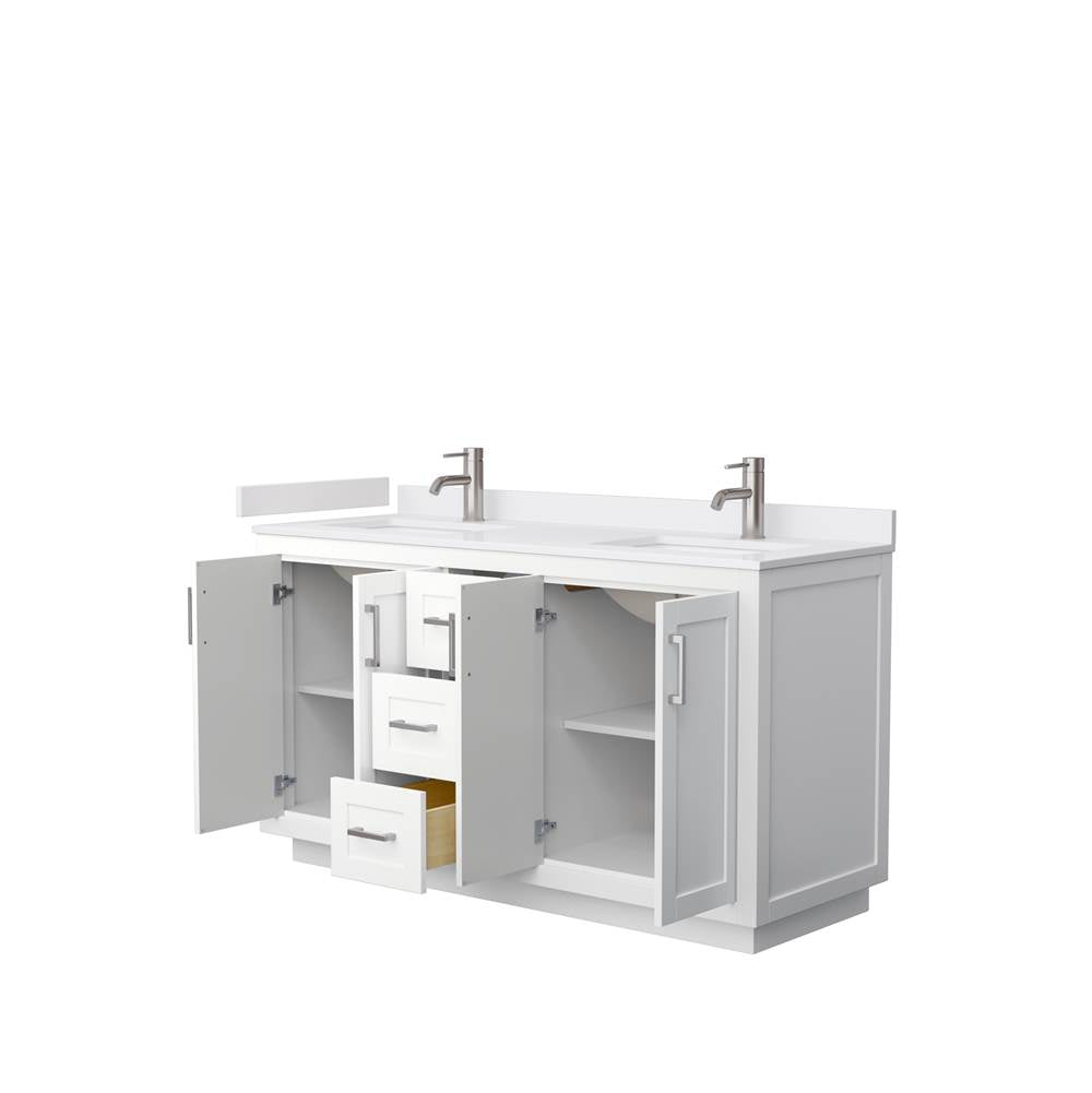 Miranda 60 Inch Double Bathroom Vanity in White, White Cultured Marble Countertop, Undermount Square Sinks, Brushed Nickel Trim