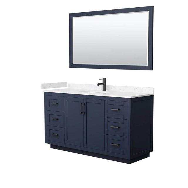Wyndham Collection - Miranda 60 Inch Single Bathroom Vanity in Dark Blue, Carrara Cultured Marble Countertop, Undermount Square Sink, Matte Black Trim, 58 Inch Mirror