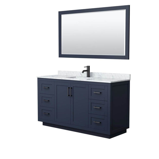 Wyndham Collection - Miranda 60 Inch Single Bathroom Vanity in Dark Blue, White Carrara Marble Countertop, Undermount Square Sink, Matte Black Trim, 58 Inch Mirror