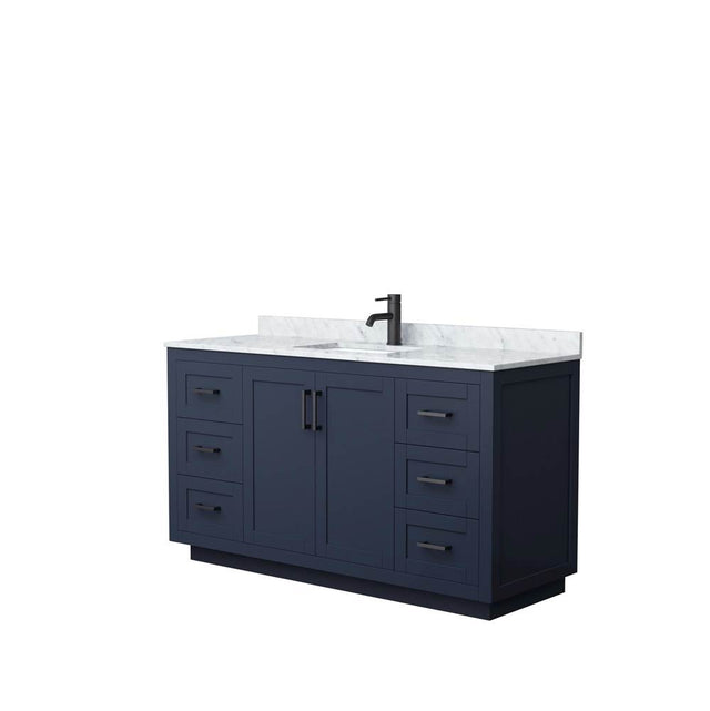 Wyndham Collection - Miranda 60 Inch Single Bathroom Vanity in Dark Blue, White Carrara Marble Countertop, Undermount Square Sink, Matte Black Trim
