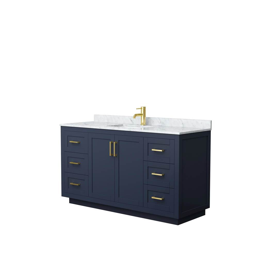 Wyndham Collection - Miranda 60 Inch Single Bathroom Vanity in Dark Blue, White Carrara Marble Countertop, Undermount Square Sink, Brushed Gold Trim