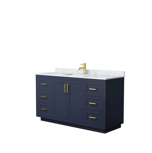 Wyndham Collection - Miranda 60 Inch Single Bathroom Vanity in Dark Blue, White Carrara Marble Countertop, Undermount Square Sink, Brushed Gold Trim
