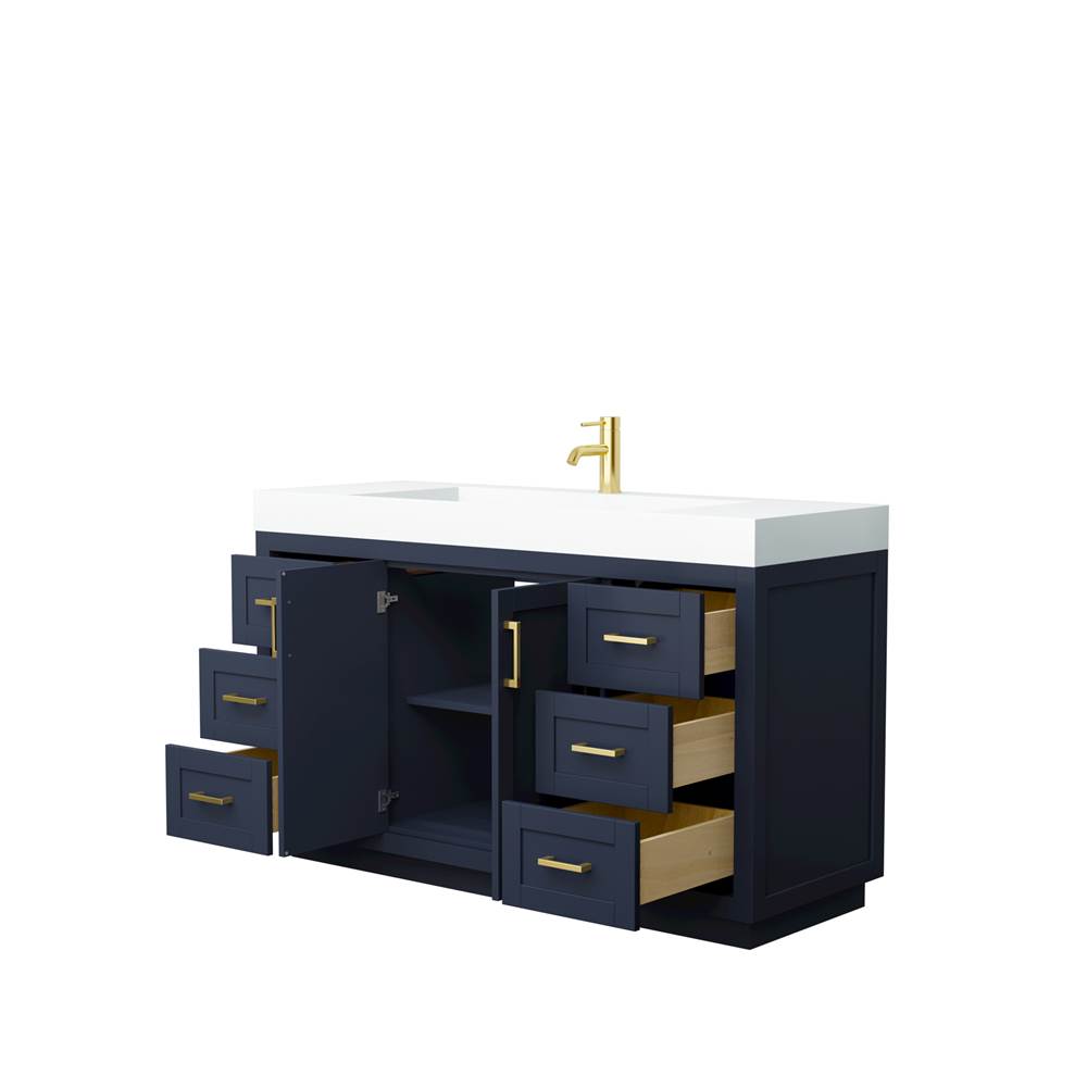 Miranda 60 Inch Single Bathroom Vanity in Dark Blue, 4 Inch Thick Matte White Solid Surface Countertop, Integrated Sink, Brushed Gold Trim