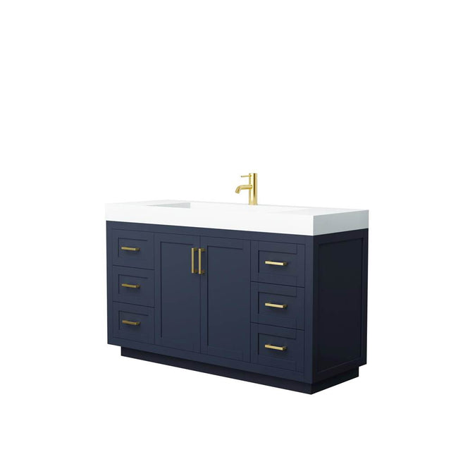 Wyndham Collection - Miranda 60 Inch Single Bathroom Vanity in Dark Blue, 4 Inch Thick Matte White Solid Surface Countertop, Integrated Sink, Brushed Gold Trim