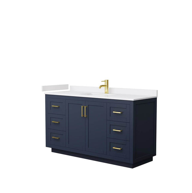 Wyndham Collection - Miranda 60 Inch Single Bathroom Vanity in Dark Blue, White Cultured Marble Countertop, Undermount Square Sink, Brushed Gold Trim