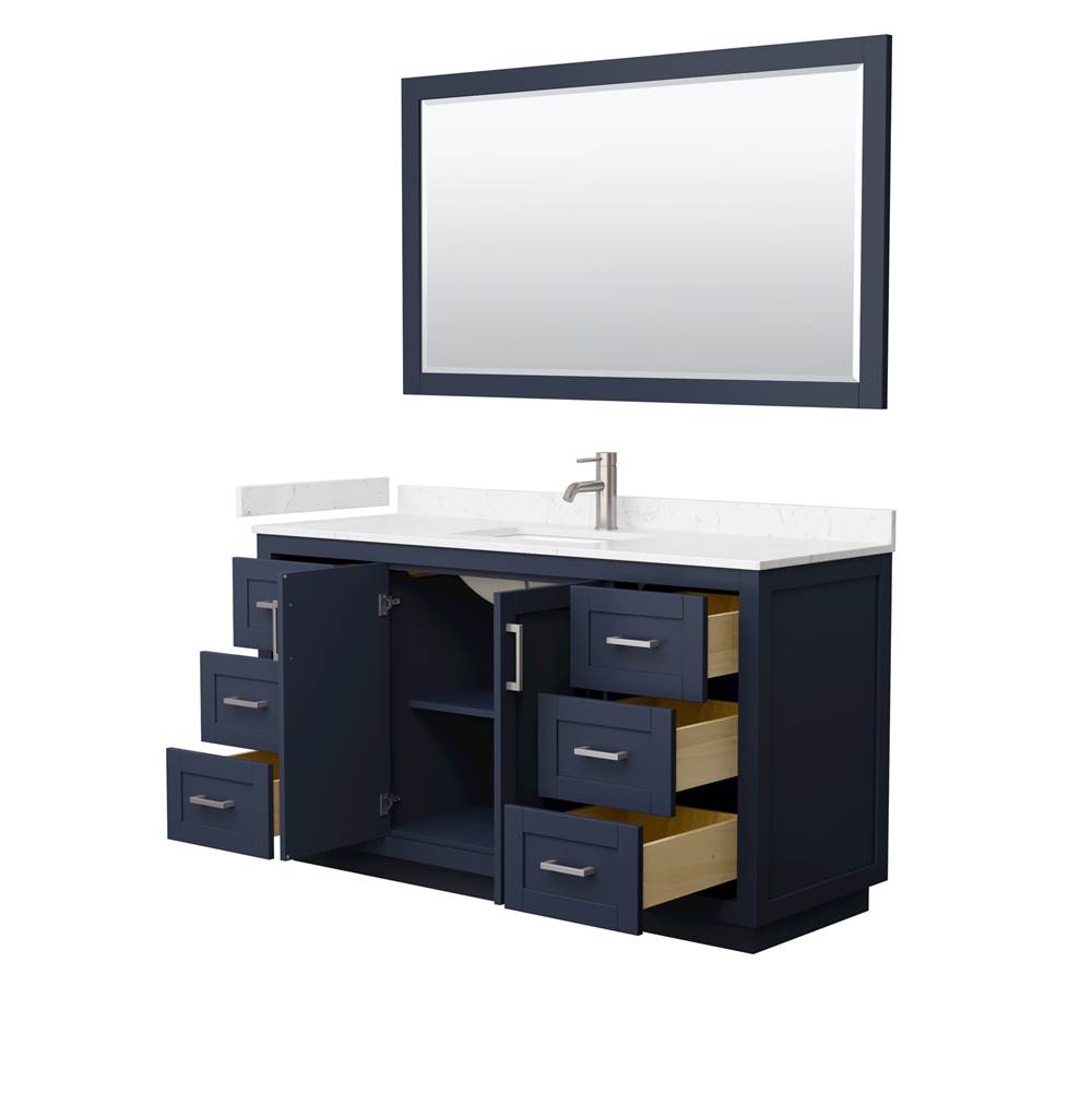 Miranda 60 Inch Single Bathroom Vanity in Dark Blue, Carrara Cultured Marble Countertop, Undermount Square Sink, Brushed Nickel Trim, 58 Inch Mirror