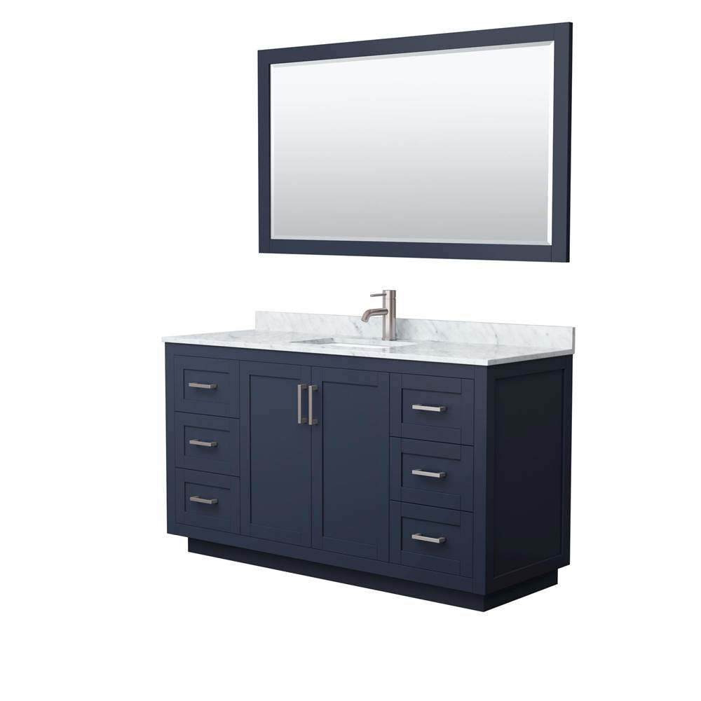 Wyndham Collection - Miranda 60 Inch Single Bathroom Vanity in Dark Blue, White Carrara Marble Countertop, Undermount Square Sink, Brushed Nickel Trim, 58 Inch Mirror