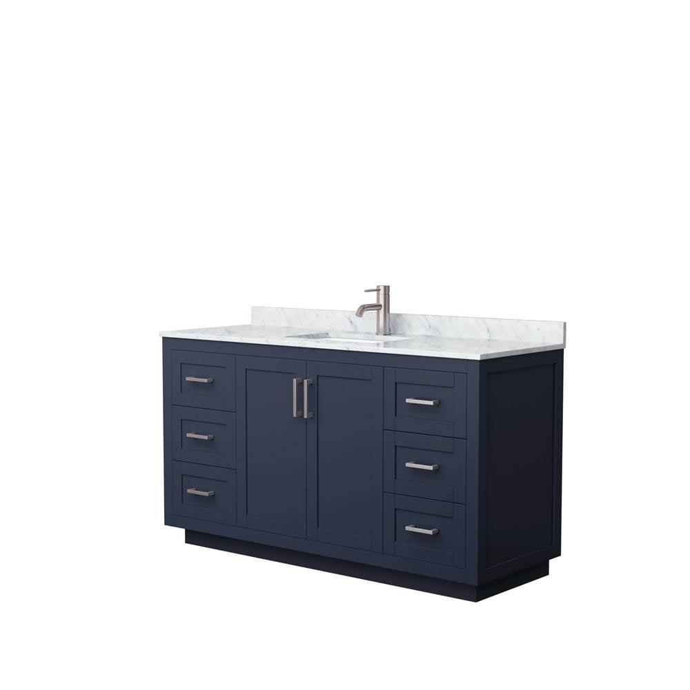 Wyndham Collection - Miranda 60 Inch Single Bathroom Vanity in Dark Blue, White Carrara Marble Countertop, Undermount Square Sink, Brushed Nickel Trim