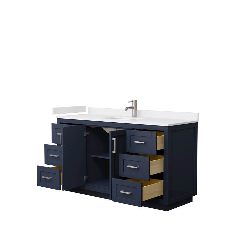 Miranda 60 Inch Single Bathroom Vanity in Dark Blue, White Cultured Marble Countertop, Undermount Square Sink, Brushed Nickel Trim