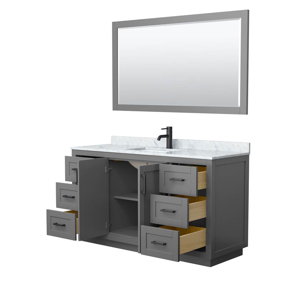 Miranda 60 Inch Single Bathroom Vanity in Dark Gray, White Carrara Marble Countertop, Undermount Square Sink, Matte Black Trim, 58 Inch Mirror