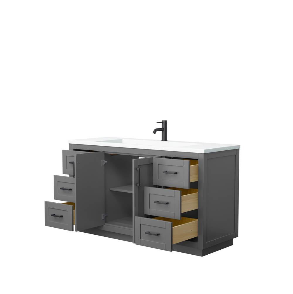 Miranda 60 Inch Single Bathroom Vanity in Dark Gray, 1.25 Inch Thick Matte White Solid Surface Countertop, Integrated Sink, Matte Black Trim