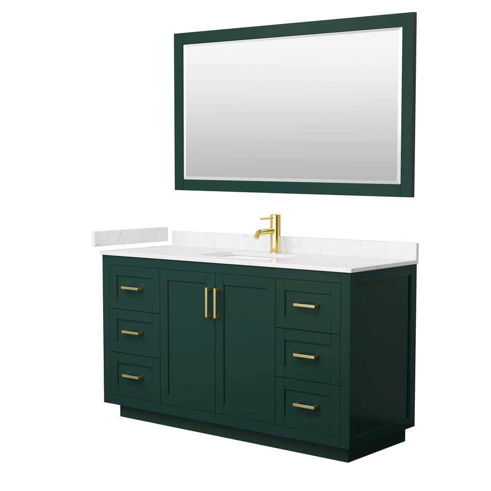 Wyndham Collection - Miranda 60 Inch Single Bathroom Vanity in Green, Carrara Cultured Marble Countertop, Undermount Square Sink, Brushed Gold Trim, 58 Inch Mirror