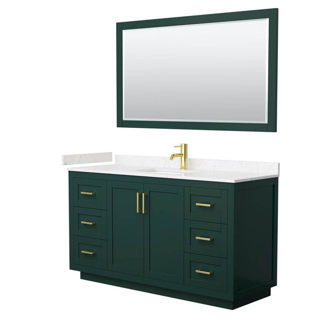 Wyndham Collection - Miranda 60 Inch Single Bathroom Vanity in Green, Carrara Cultured Marble Countertop, Undermount Square Sink, Brushed Gold Trim, 58 Inch Mirror
