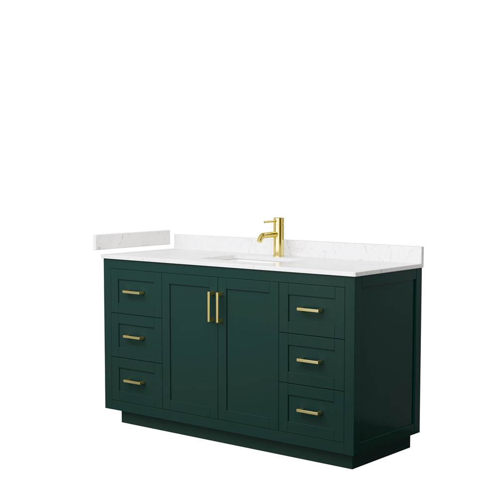Wyndham Collection - Miranda 60 Inch Single Bathroom Vanity in Green, Carrara Cultured Marble Countertop, Undermount Square Sink, Brushed Gold Trim