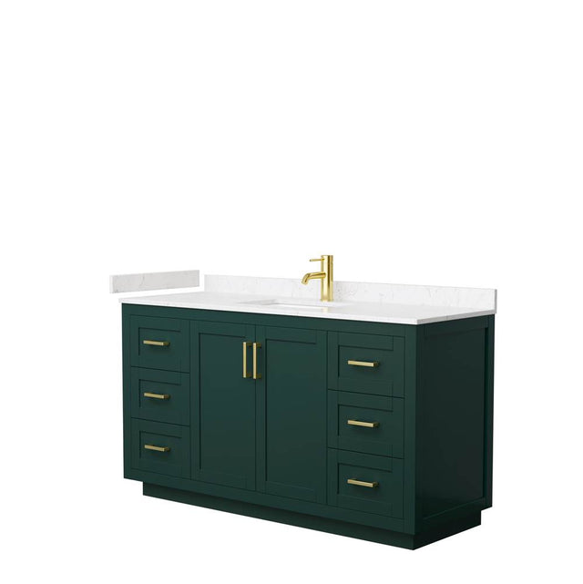 Wyndham Collection - Miranda 60 Inch Single Bathroom Vanity in Green, Carrara Cultured Marble Countertop, Undermount Square Sink, Brushed Gold Trim
