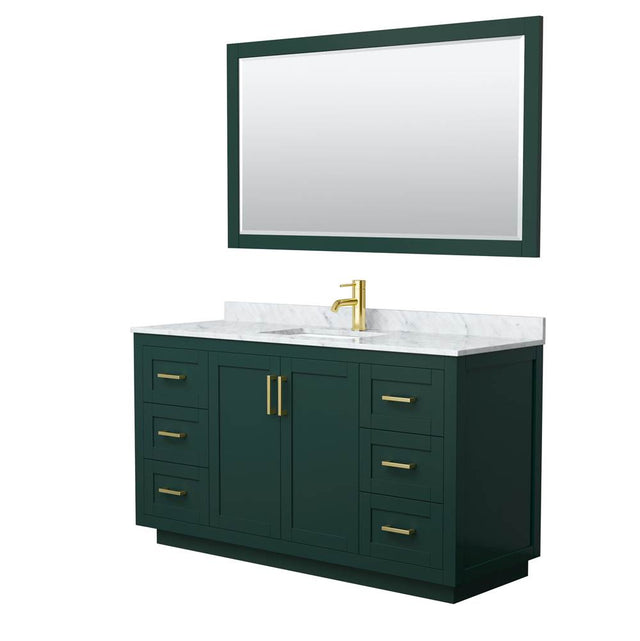 Wyndham Collection - Miranda 60 Inch Single Bathroom Vanity in Green, White Carrara Marble Countertop, Undermount Square Sink, Brushed Gold Trim, 58 Inch Mirror
