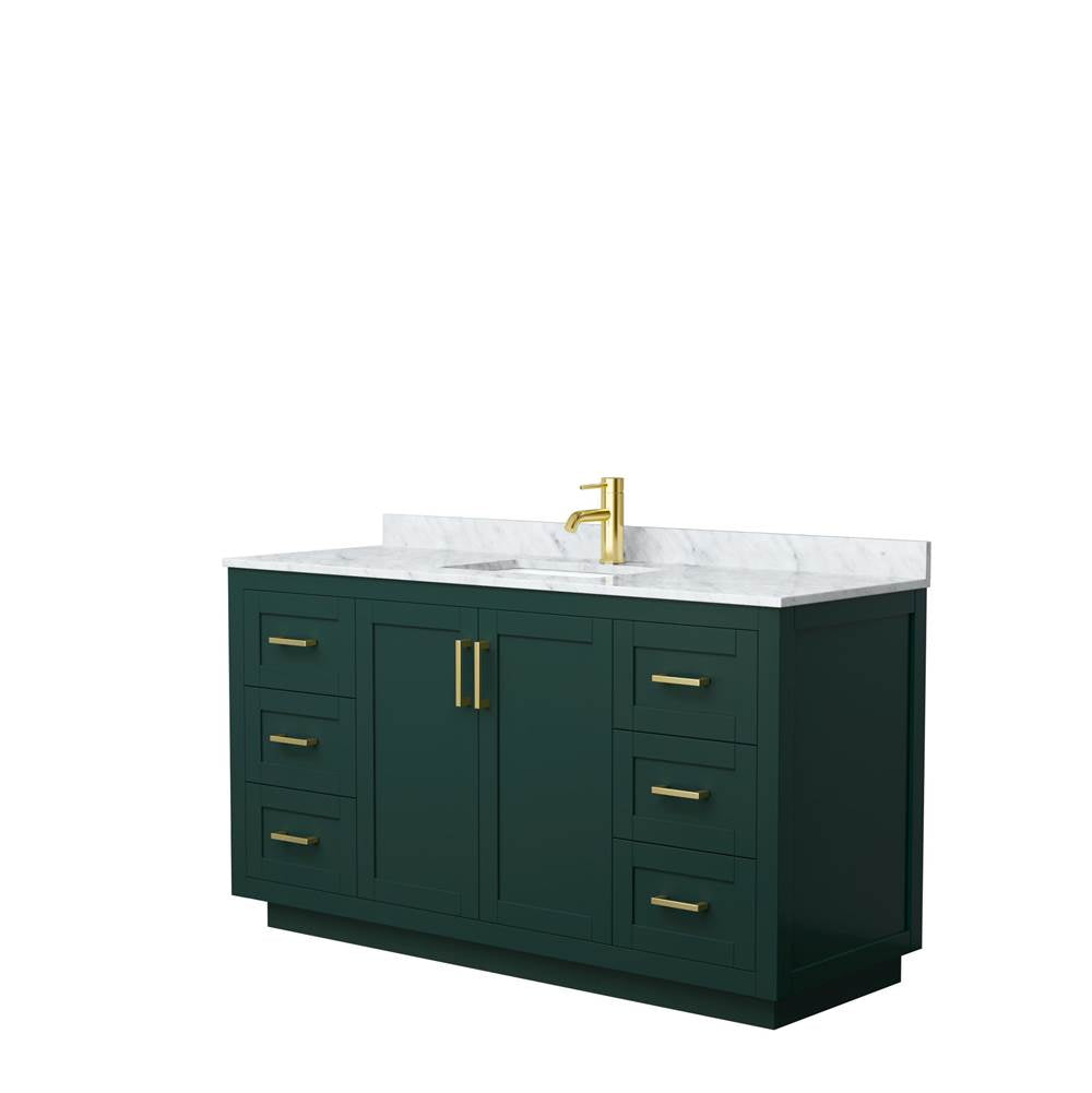 Wyndham Collection - Miranda 60 Inch Single Bathroom Vanity in Green, White Carrara Marble Countertop, Undermount Square Sink, Brushed Gold Trim