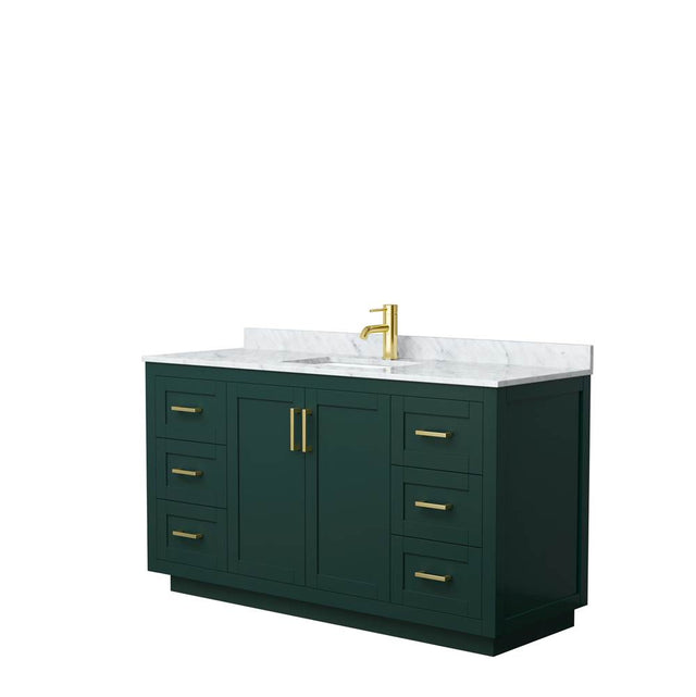 Wyndham Collection - Miranda 60 Inch Single Bathroom Vanity in Green, White Carrara Marble Countertop, Undermount Square Sink, Brushed Gold Trim