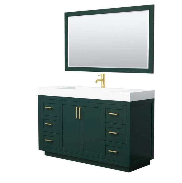 Wyndham Collection - Miranda 60 Inch Single Bathroom Vanity in Green, 4 Inch Thick Matte White Solid Surface Countertop, Integrated Sink, Brushed Gold Trim, 58 Inch Mirror