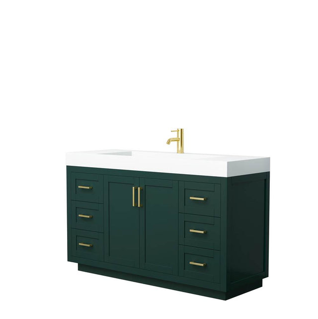 Wyndham Collection - Miranda 60 Inch Single Bathroom Vanity in Green, 4 Inch Thick Matte White Solid Surface Countertop, Integrated Sink, Brushed Gold Trim