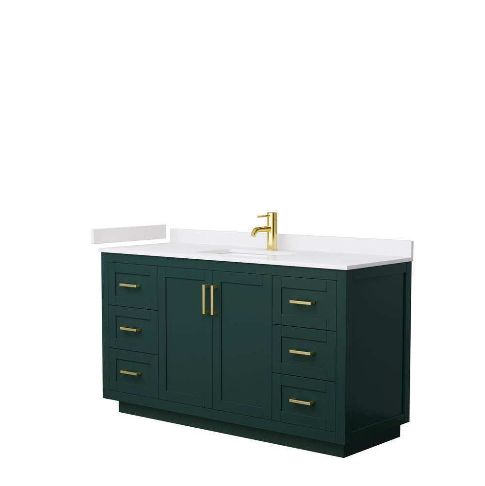 Wyndham Collection - Miranda 60 Inch Single Bathroom Vanity in Green, White Cultured Marble Countertop, Undermount Square Sink, Brushed Gold Trim