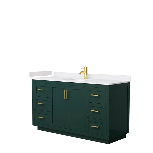 Wyndham Collection - Miranda 60 Inch Single Bathroom Vanity in Green, White Cultured Marble Countertop, Undermount Square Sink, Brushed Gold Trim