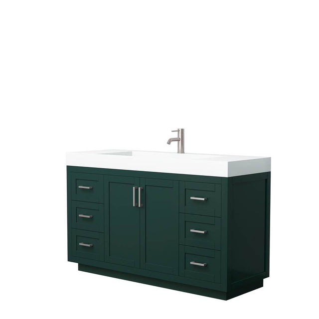 Wyndham Collection - Miranda 60 Inch Single Bathroom Vanity in Green, 4 Inch Thick Matte White Solid Surface Countertop, Integrated Sink, Brushed Nickel Trim