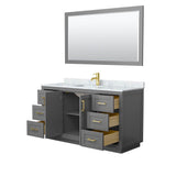 Miranda 60 Inch Single Bathroom Vanity in Dark Gray, White Carrara Marble Countertop, Undermount Square Sink, Brushed Gold Trim, 58 Inch Mirror