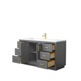 Miranda 60 Inch Single Bathroom Vanity in Dark Gray, 1.25 Inch Thick Matte White Solid Surface Countertop, Integrated Sink, Brushed Gold Trim