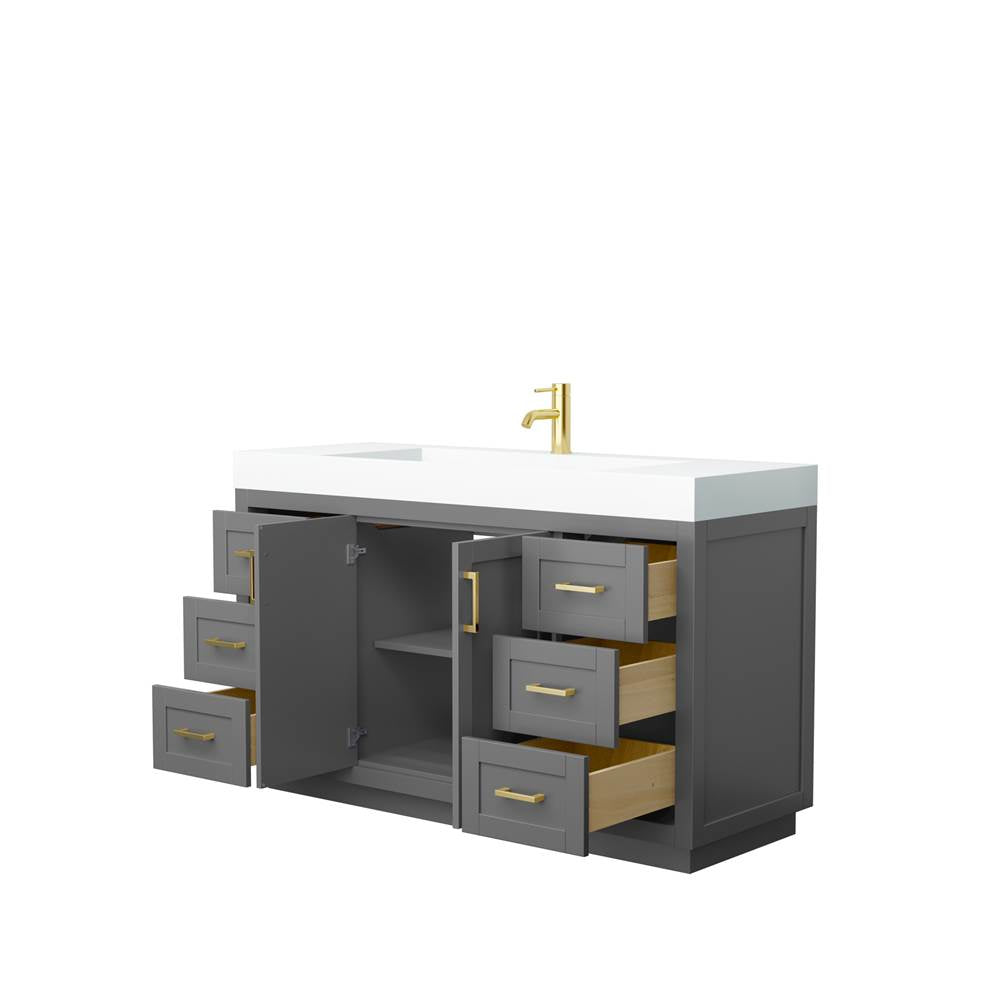 Miranda 60 Inch Single Bathroom Vanity in Dark Gray, 4 Inch Thick Matte White Solid Surface Countertop, Integrated Sink, Brushed Gold Trim