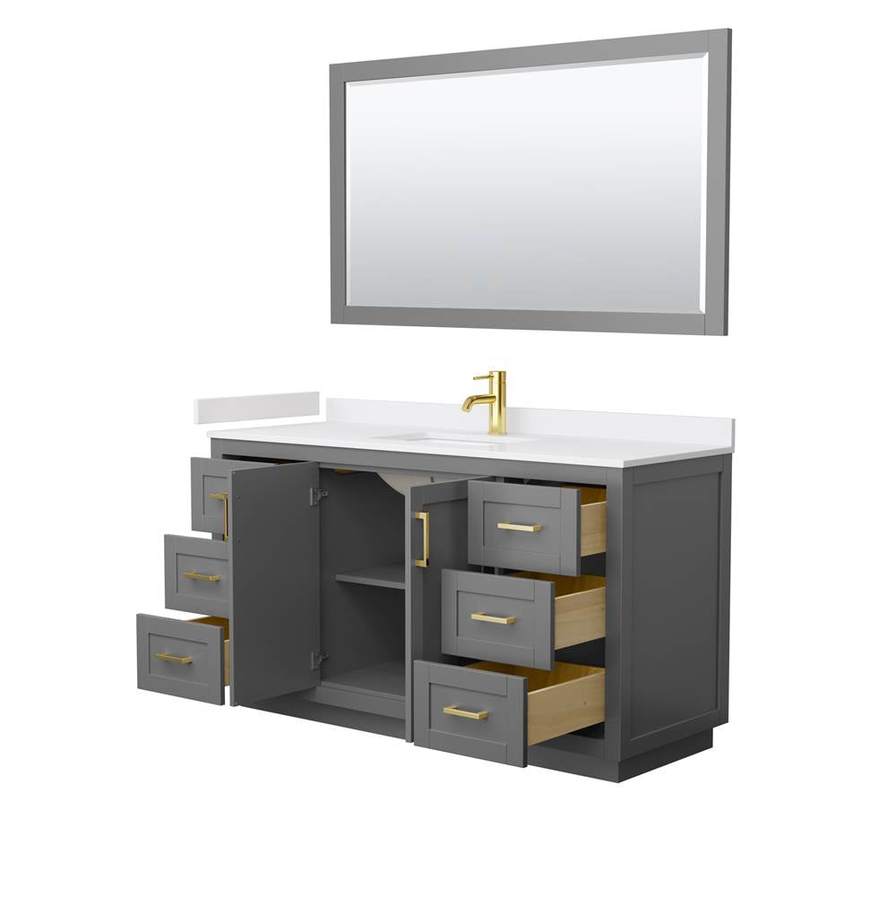 Miranda 60 Inch Single Bathroom Vanity in Dark Gray, White Cultured Marble Countertop, Undermount Square Sink, Brushed Gold Trim, 58 Inch Mirror