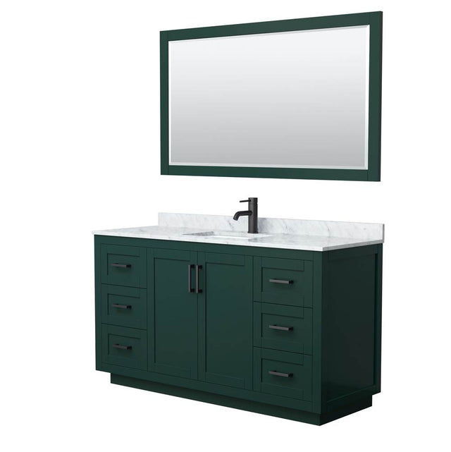 Wyndham Collection - Miranda 60 Inch Single Bathroom Vanity in Green, White Carrara Marble Countertop, Undermount Square Sink, Matte Black Trim, 58 Inch Mirror