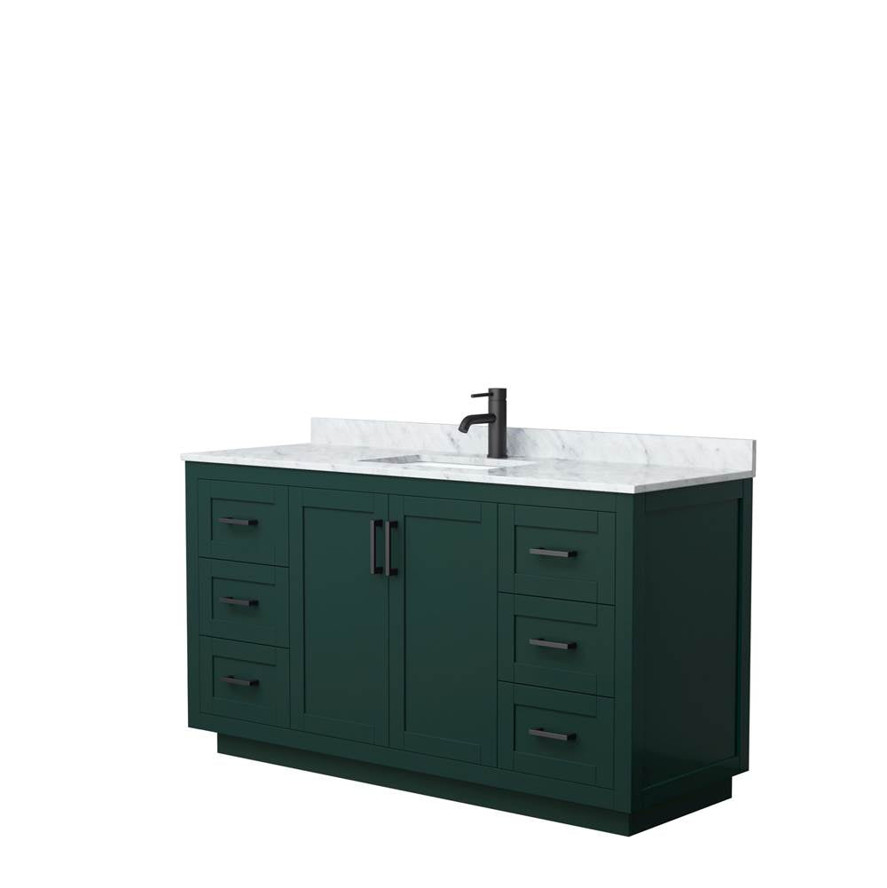 Wyndham Collection - Miranda 60 Inch Single Bathroom Vanity in Green, White Carrara Marble Countertop, Undermount Square Sink, Matte Black Trim