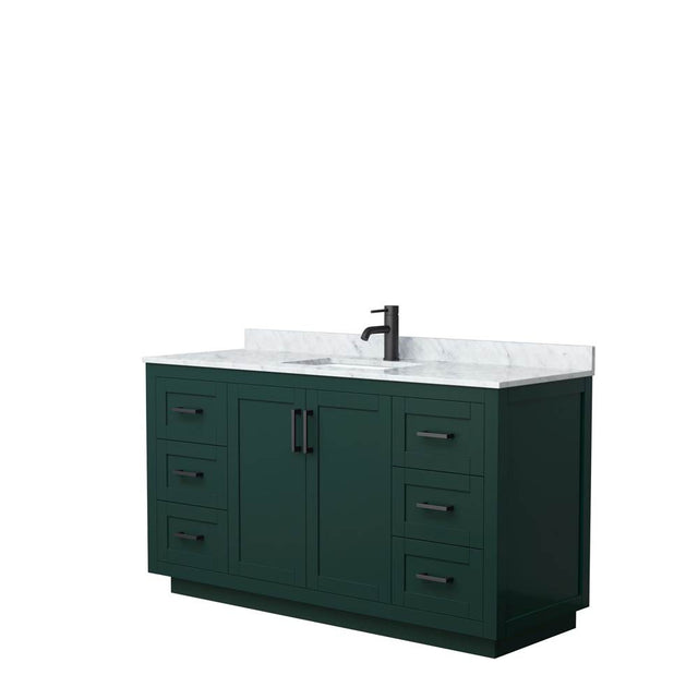 Wyndham Collection - Miranda 60 Inch Single Bathroom Vanity in Green, White Carrara Marble Countertop, Undermount Square Sink, Matte Black Trim