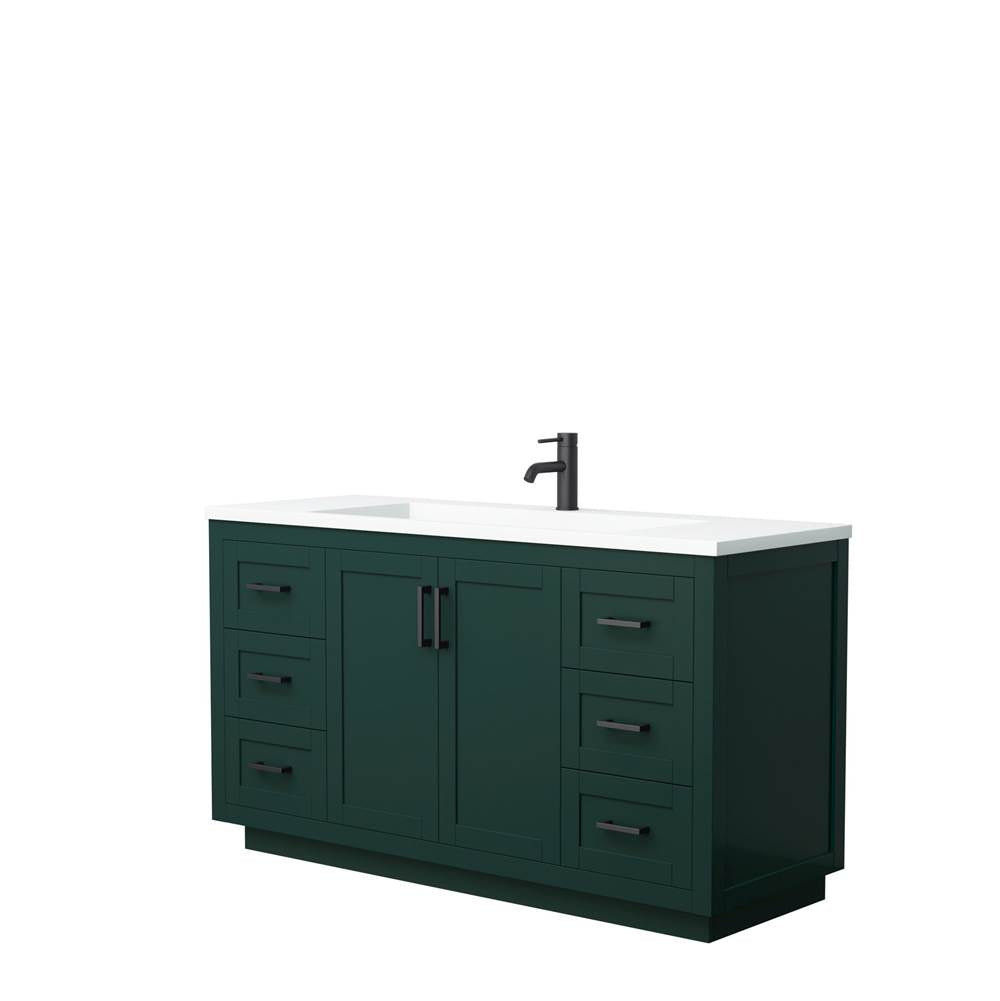 Wyndham Collection - Miranda 60 Inch Single Bathroom Vanity in Green, 1.25 Inch Thick Matte White Solid Surface Countertop, Integrated Sink, Matte Black Trim