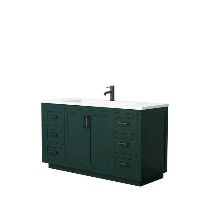 Wyndham Collection - Miranda 60 Inch Single Bathroom Vanity in Green, 1.25 Inch Thick Matte White Solid Surface Countertop, Integrated Sink, Matte Black Trim