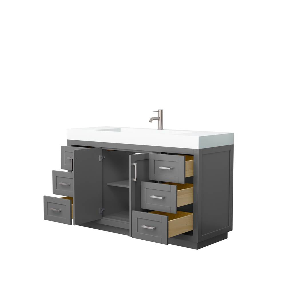 Miranda 60 Inch Single Bathroom Vanity in Dark Gray, 4 Inch Thick Matte White Solid Surface Countertop, Integrated Sink, Brushed Nickel Trim