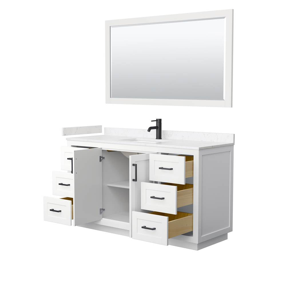 Miranda 60 Inch Single Bathroom Vanity in White, Carrara Cultured Marble Countertop, Undermount Square Sink, Matte Black Trim, 58 Inch Mirror
