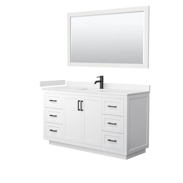 Wyndham Collection - Miranda 60 Inch Single Bathroom Vanity in White, Carrara Cultured Marble Countertop, Undermount Square Sink, Matte Black Trim, 58 Inch Mirror