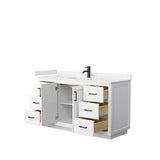 Miranda 60 Inch Single Bathroom Vanity in White, Carrara Cultured Marble Countertop, Undermount Square Sink, Matte Black Trim