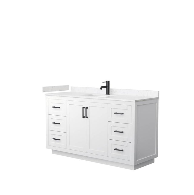 Wyndham Collection - Miranda 60 Inch Single Bathroom Vanity in White, Carrara Cultured Marble Countertop, Undermount Square Sink, Matte Black Trim