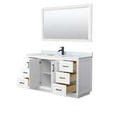 Miranda 60 Inch Single Bathroom Vanity in White, White Carrara Marble Countertop, Undermount Square Sink, Matte Black Trim, 58 Inch Mirror