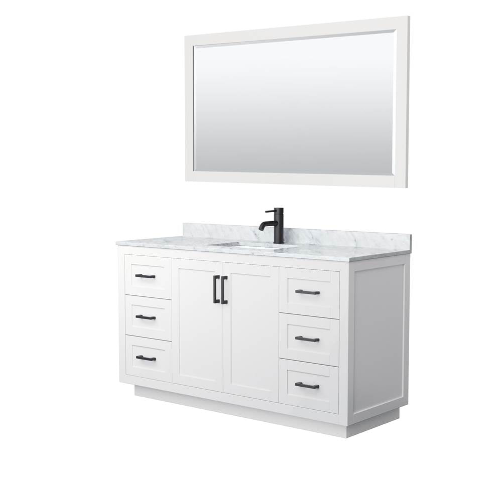 Wyndham Collection - Miranda 60 Inch Single Bathroom Vanity in White, White Carrara Marble Countertop, Undermount Square Sink, Matte Black Trim, 58 Inch Mirror