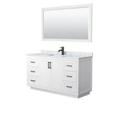 Wyndham Collection - Miranda 60 Inch Single Bathroom Vanity in White, White Carrara Marble Countertop, Undermount Square Sink, Matte Black Trim, 58 Inch Mirror
