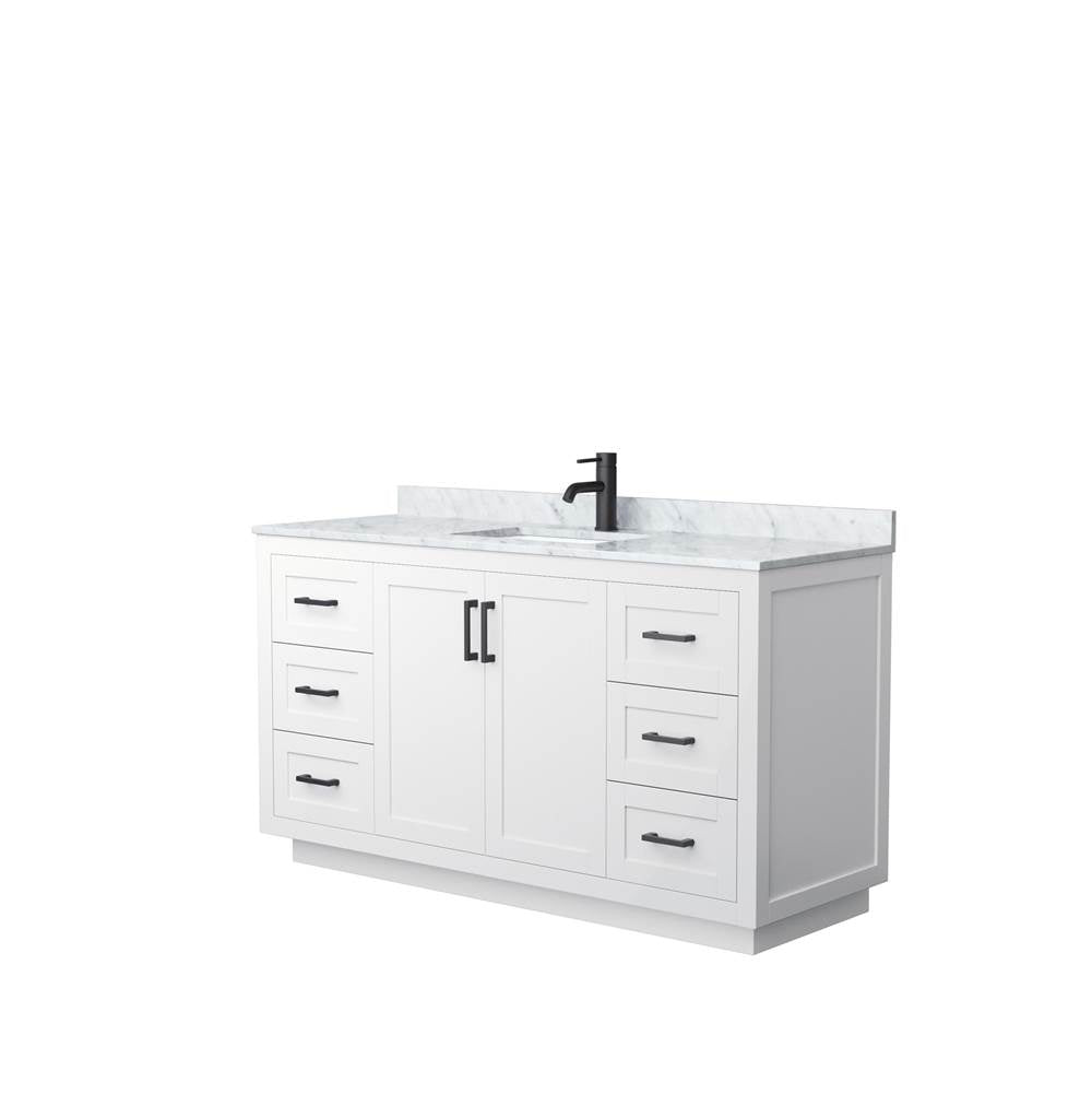 Wyndham Collection - Miranda 60 Inch Single Bathroom Vanity in White, White Carrara Marble Countertop, Undermount Square Sink, Matte Black Trim