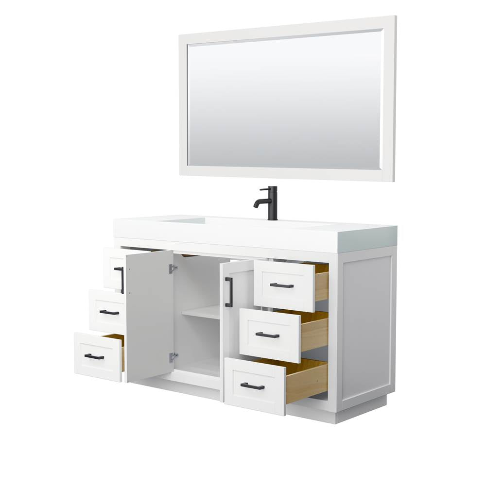 Miranda 60 Inch Single Bathroom Vanity in White, 4 Inch Thick Matte White Solid Surface Countertop, Integrated Sink, Matte Black Trim, 58 Inch Mirror